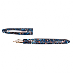 A fountain pen with a marbled blue and copper-brown resin barrel and cap, featuring a silver-tone nib and trim, shown on a plain white background.