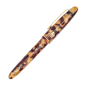 Tortoise shell and gold trim fountain pen diagonally on a plain white background.