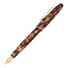 Tortoise shell and gold trim fountain pen with the cap posted on its barrel diagonally on a plain white background.