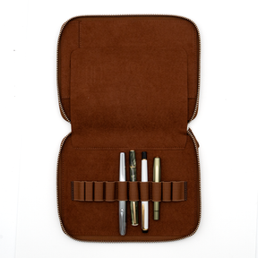Galen Leather Co. Zippered 10 Slot Pen Case with A5 Notebook Holder  Havana Brown