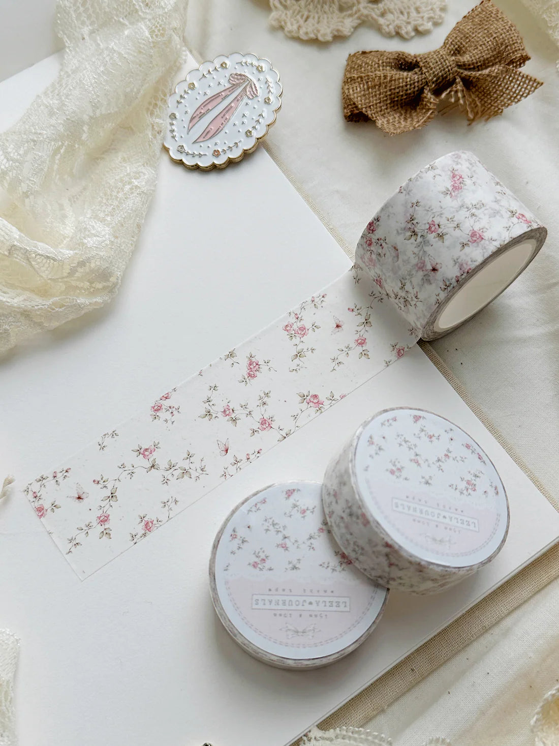 Leelajournals Washi Tape - Pink Roses on Ivory