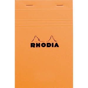#14 top staplebound notepad with an orange cover, from Rhodia.  Measures 4 ⅜ x 6 ⅜" 80 Sheets (160 Pages) Available in Lined & Graph White Acid-Free Paper Paper Weight: 80 GSM
