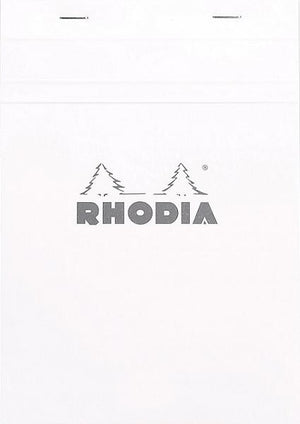 #16 top staplebound notepad with a white cover, from Rhodia.  Measures 6 x 8 ¼" 80 Sheets (160 Pages) Available in Lined, Graph & Meeting White Acid-Free Paper Paper Weight: 80 GSM