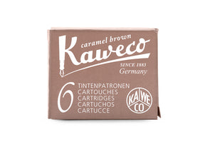 Kaweco Caramel Brown is a medium brown fountain pen ink with medium shading. It dries in 15 seconds in a medium nib on Rhodia and has an average flow. Kaweco ink is made in Germany.