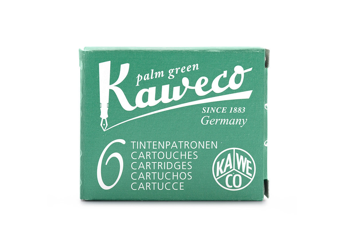 Kaweco Palm Green is a summery green fountain pen ink with medium shading and low red sheen. It dries in a quick 10 seconds in a medium nib on Rhodia and has a dry flow. Kaweco ink is made in Germany.