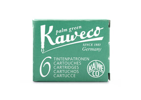 Kaweco Palm Green is a summery green fountain pen ink with medium shading and low red sheen. It dries in a quick 10 seconds in a medium nib on Rhodia and has a dry flow. Kaweco ink is made in Germany.