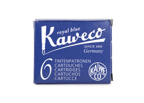 Kaweco Royal Blue is a medium royal blue fountain pen ink with medium shading and high copper sheen. It dries in 20 seconds in a medium nib on Rhodia and has an average flow. Kaweco ink is made in Germany.
