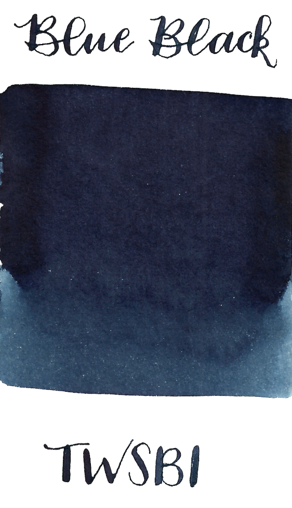 TWSBI Blue Black is a medium blue black fountain pen ink with low shading and high water resistance. It dries in 20 seconds in a medium nib on Rhodia paper 