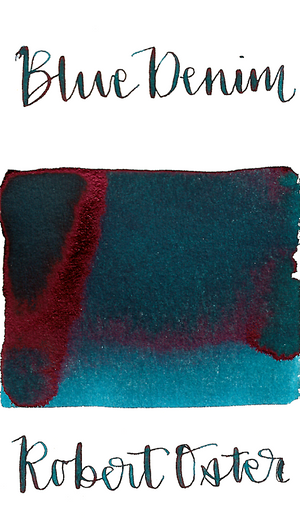 Robert Oster Blue Denim is a medium blue fountain pen ink with a green undertone, medium shading, and medium pink sheen.