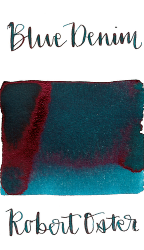 Robert Oster Blue Denim is a medium blue fountain pen ink with a green undertone, medium shading, and medium pink sheen.