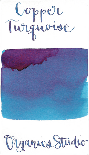 Light turquoise fountain pen ink with good shading, and slight sheen on non-absorbent paper such as Tomoe River paper.