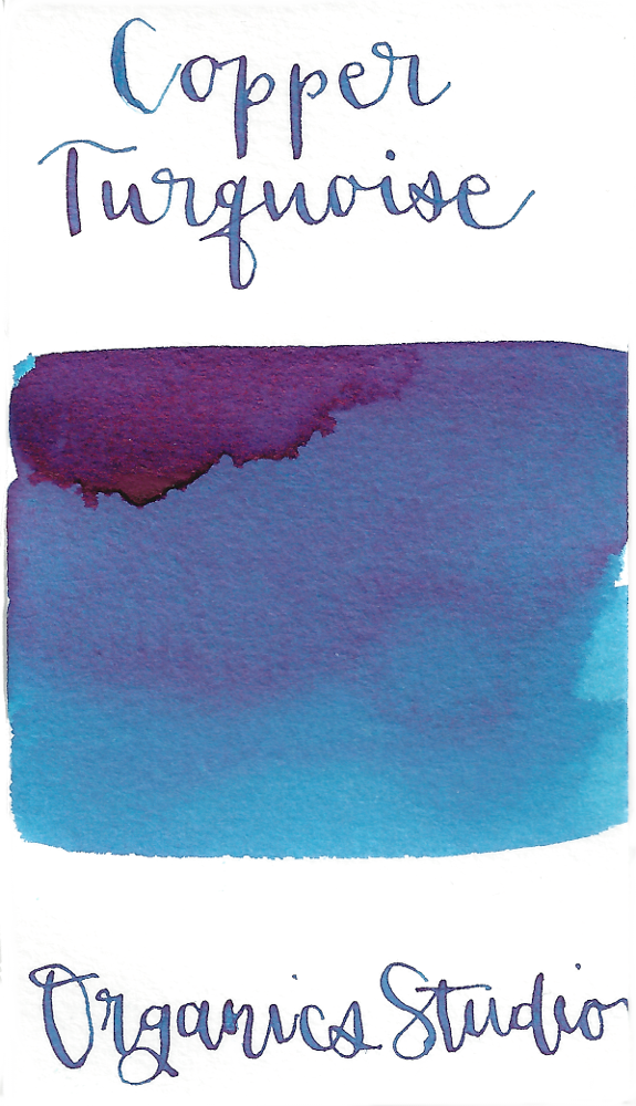 Light turquoise fountain pen ink with good shading, and slight sheen on non-absorbent paper such as Tomoe River paper.