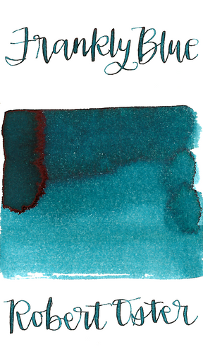 Robert Oster Frankly Blue is a medium blue fountain pen ink with a slight green undertone,  medium shading, and medium sheen. 