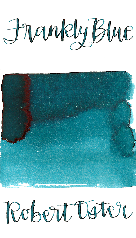 Robert Oster Frankly Blue is a medium blue fountain pen ink with a slight green undertone,  medium shading, and medium sheen. 