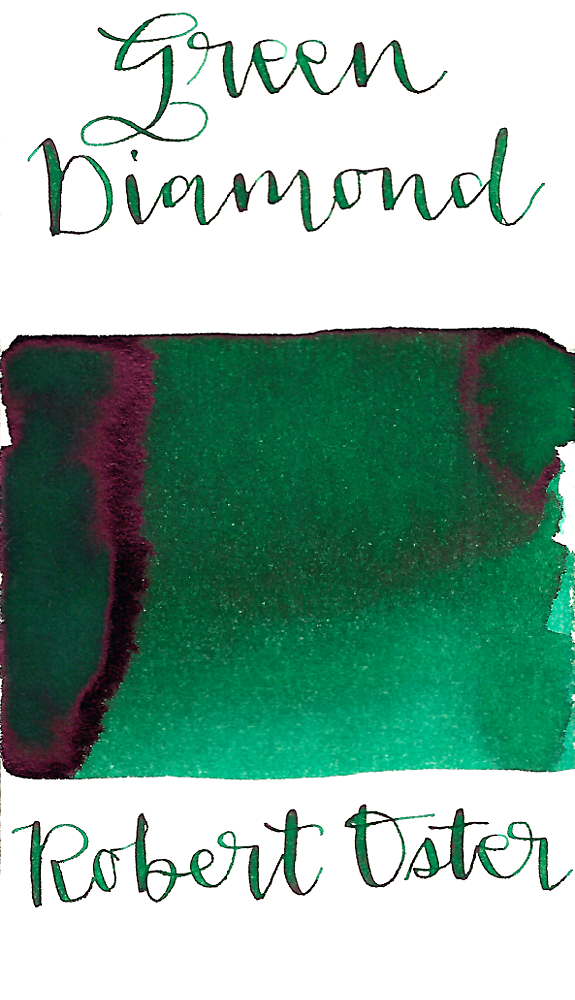 Robert Oster Green Diamond is a medium bright green fountain pen ink with medium shading and medium pink sheen.