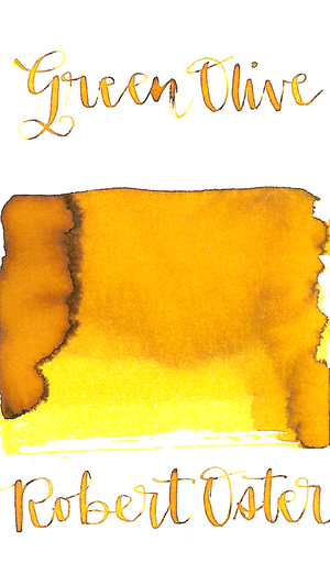 Robert Oster Green Olive is a deep yellow fountain pen ink with medium shading.