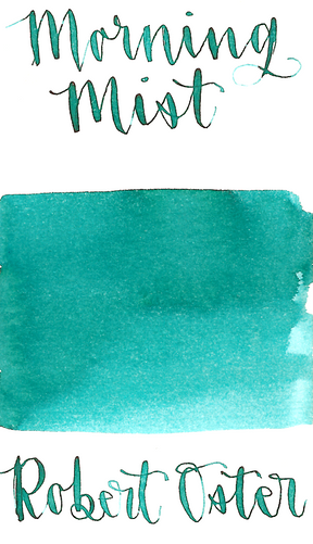 Robert Oster Morning Mist is a medium blue-green fountain pen ink with medium shading and low pink sheen.