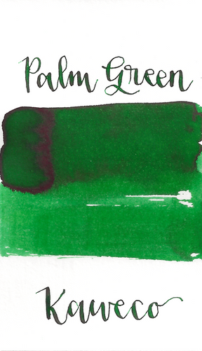 Kaweco Palm Green is a summery green fountain pen ink with medium shading and low red sheen. It dries in a quick 10 seconds in a medium nib on Rhodia and has a dry flow. Kaweco ink is made in Germany.