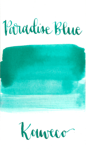Kaweco Paradise Blue is a light summery turquoise fountain pen ink with medium shading. It dries in 40 seconds in a medium nib on Rhodia and has an average flow. Kaweco ink is made in Germany.