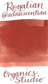 Organic Studio's newest lineup - "Rogalian" of the Artist Series. Tyler is a big fan of @adnascentiaa's work and reached out to get some artwork done for a new color he had in development. This fountain pen ink is a very practical shade of dark red with a TON of shading.