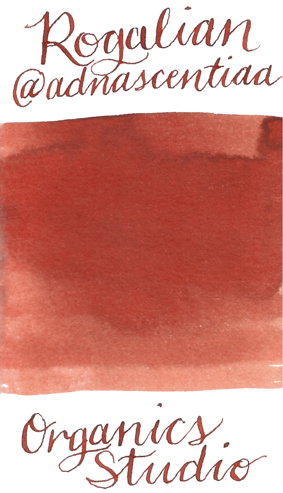 Organic Studio's newest lineup - "Rogalian" of the Artist Series. Tyler is a big fan of @adnascentiaa's work and reached out to get some artwork done for a new color he had in development. This fountain pen ink is a very practical shade of dark red with a TON of shading.