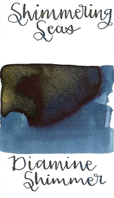 Diamine Shimmering Seas from the 2015 Shimmertastic collection is a rich blue black fountain pen ink with low shading and gold shimmer.