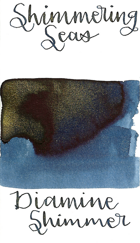 Diamine Shimmering Seas from the 2015 Shimmertastic collection is a rich blue black fountain pen ink with low shading and gold shimmer.