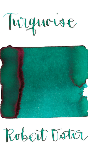Robert Oster Turquoise is a medium blue green fountain pen ink with medium shading and medium pink sheen.