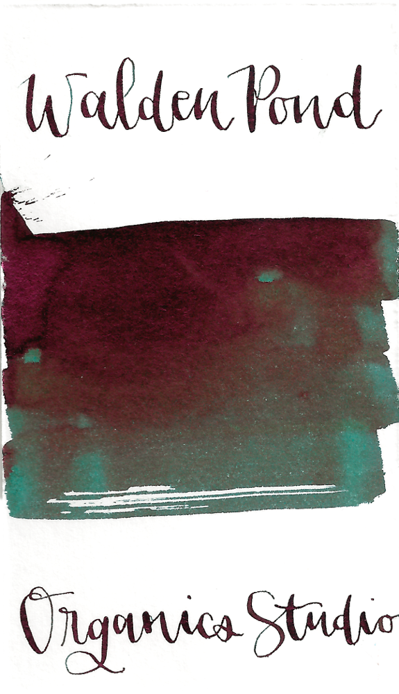 Blue-green fountain pen ink with good shading, and strong pink to purple sheen, even in thinner nibs and poor paper quality. 
