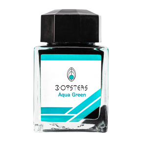 3 Oysters Aqua Green from the Delicious collection is a vibrant blue-green fountain pen ink with medium shading and a pop of pink sheen in large swabs. It dries in 40 seconds in a medium nib on Rhodia and has an average flow. The glass bottle has a cut out corner to lean the bottle for a decorative display. 3 Oysters ink is made in Korea.  Pantone color: 3272C