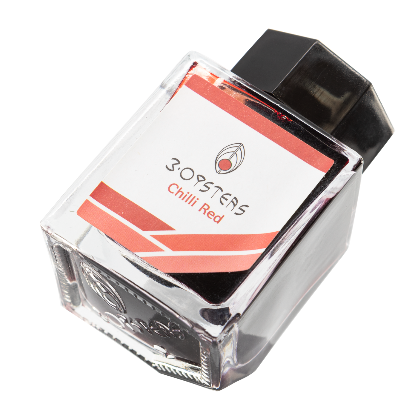 3 Oysters Chili Red from the Delicious collection is a bright tomato red fountain pen ink with low shading. It dries in 90 seconds in a medium nib on Rhodia and has a slightly dry flow. The glass bottle has a cut out corner to lean the bottle for a decorative display. 3 Oysters ink is made in Korea.  Pantone color: 186C