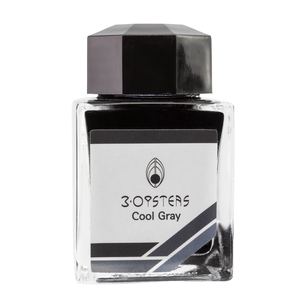 3 Oysters Cool Gray from the Delicious collection is a cool-tone medium grey fountain pen ink with medium shading. It dries in 30 seconds in a medium nib on Rhodia and has a slightly dry flow.The glass bottle has a cut out corner to lean the bottle for a decorative display. 3 Oysters ink is made in Korea.  Pantone color: 11C