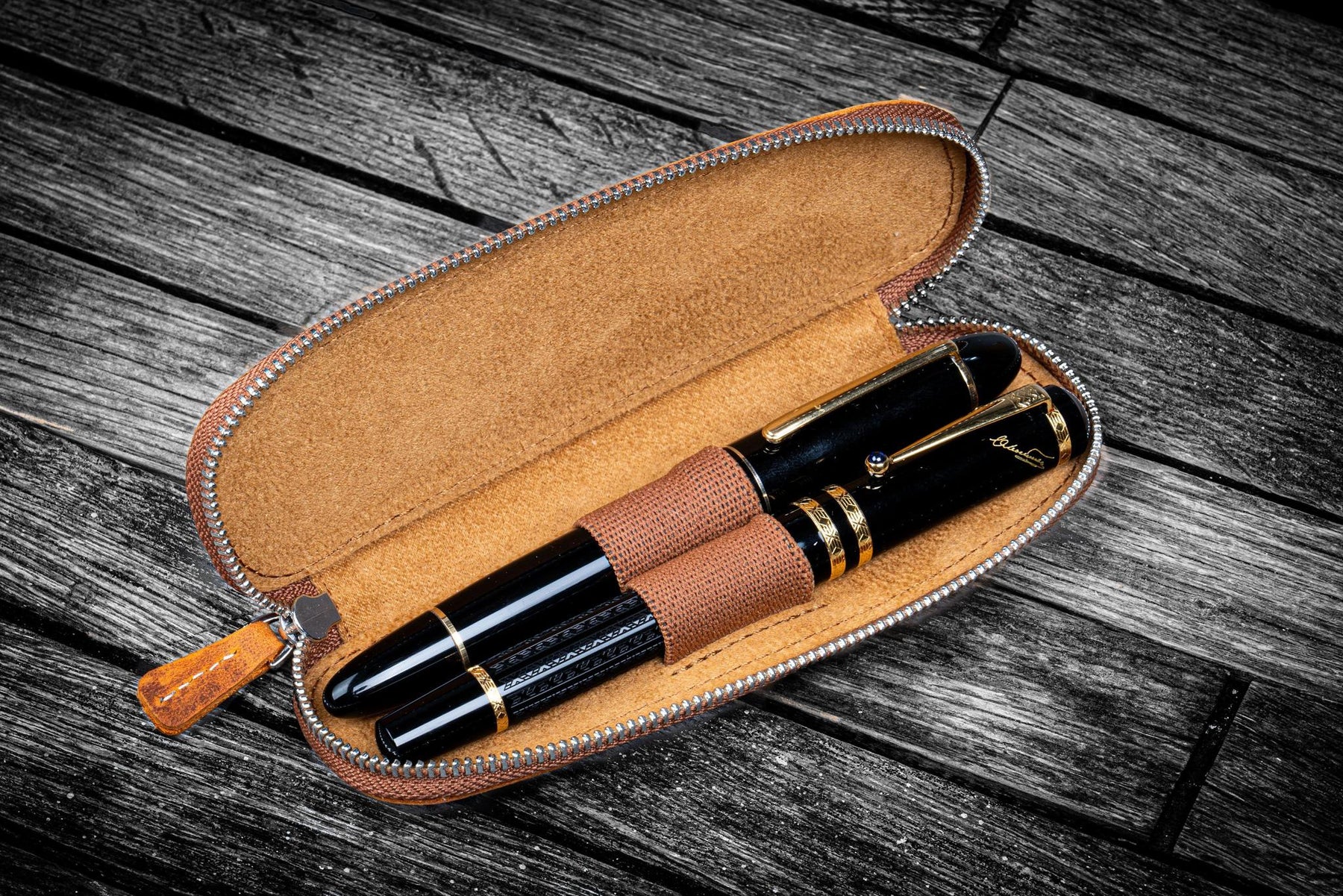 Galen Leather Co. Zippered Duo Slim Pen Case for 2 Pens - Crazy Horse Brown