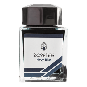 3 Oysters Navy Blue from the Delicious collection is a medium blue-black fountain pen ink with medium shading and high pink sheen. It dries in 30 seconds in a medium nib on Rhodia and has a dry flow. The glass bottle has a cut out corner to lean the bottle for a decorative display. 3 Oysters ink is made in Korea.  Pantone color: 2188C