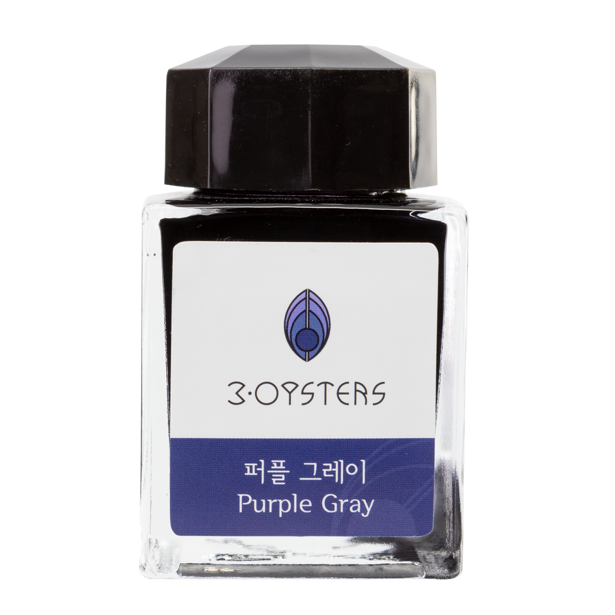 3 Oysters Purple Gray from the Delicious collection is a dark cool-tone purple fountain pen ink with low shading. It dries in 30 seconds in a medium nib on Rhodia and has a dry flow. The glass bottle has a cut out corner to lean the bottle for a decorative display. 3 Oysters ink is made in Korea.  Pantone color: 5275C