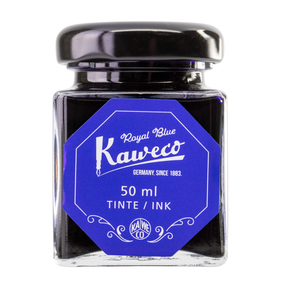Kaweco Royal Blue is a medium royal blue fountain pen ink with medium shading and high copper sheen. It dries in 20 seconds in a medium nib on Rhodia and has an average flow. Kaweco ink is made in Germany.