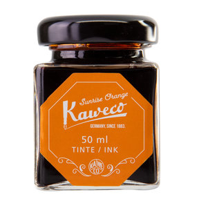 Kaweco Sunrise Orange is a medium orange fountain pen ink with medium shading. It dries in 30 seconds in a medium nib on Rhodia and has an average flow. Kaweco ink is made in Germany.
